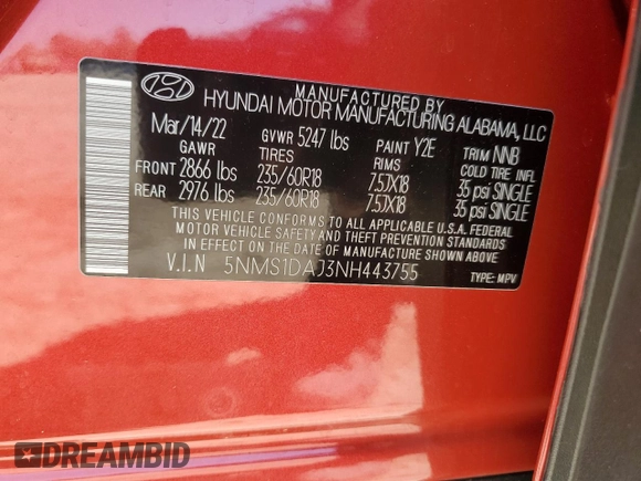 2022 Hyundai Santa Fe SE with VIN 5NMS1DAJ3NH443755, listed as a Copart auction lot 50044885 with 23,347 mi miles and Salvage Title. Bid and sale history available at carsss.com. Image 13.