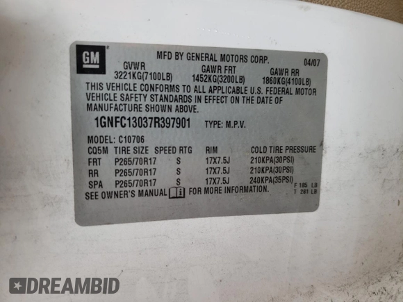 2007 Chevrolet Tahoe LS with VIN 1GNFC13037R397901, listed as a Copart auction lot 58802345 with Not provided miles and Salvage title. Bid and sale history available at DreamBid. Image 13.