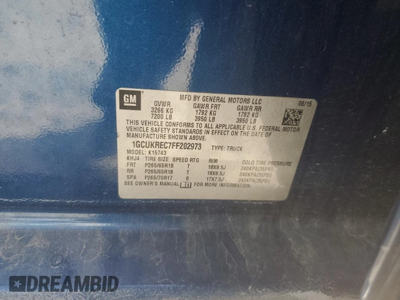 2015 Chevrolet Silverado 1500 LT with VIN 1GCUKREC7FF202973, listed as a Copart auction lot 54208755 with Not Provided miles and Salvage Title. Bid and sale history available at DreamBid. Image 12.