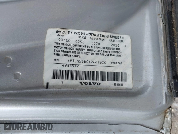 2000 Volvo S70 z VIN YV1LS56D0Y2667630, wystawiony jako IAAI lot #41898687 z przebiegiem 188 666 mil mil oraz . Historia ofert i sprzedaży dostępna na DreamBid. Obrazek 9.