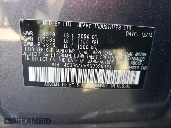 2016 Subaru Legacy 2.5i Premium with VIN 4S3BNAC69G3029165, listed as a Copart auction lot 50509135 with 62,235 mi miles and Salvage Title. Bid and sale history available at carsss.com. Image 12.