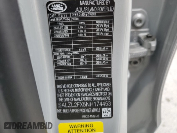 2022 Land Rover Range Rover Evoque R-Dynamic SE z VIN SALZL2FX5NH174453, wystawiony jako Copart lot #57530315 z przebiegiem 15 195 mil mil oraz Szkoda całkowita • Salvage title. Historia ofert i sprzedaży dostępna na DreamBid. Obrazek 13.