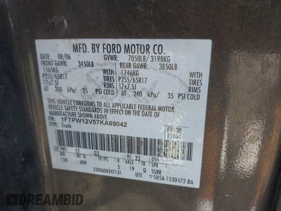 2007 Ford F-150 XLT z VIN 1FTPW12V57KA89042, wystawiony jako IAAI lot #42537434 z przebiegiem 231 684 mil mil oraz . Historia ofert i sprzedaży dostępna na DreamBid. Obrazek 9.