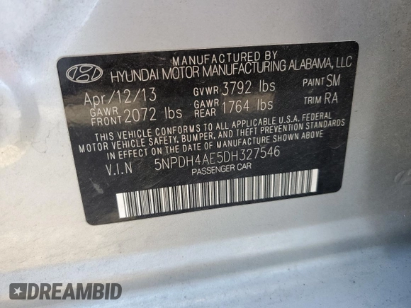 2013 Hyundai Elantra GLS with VIN 5NPDH4AE5DH327546, listed as a Copart auction lot 57736934 with 117,412 mi miles and Salvage title. Bid and sale history available at DreamBid. Image 14.