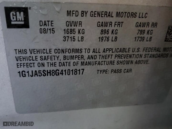 2016 Chevrolet Sonic LS with VIN 1G1JA5SH8G4101817, listed as a Copart auction lot 74333454 with 0 mi miles and Clean Title. Bid and sale history available at carsss.com. Image 12.