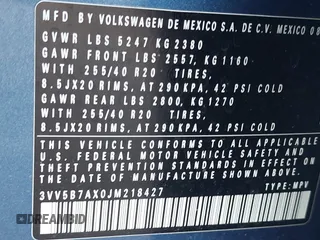 2018 Volkswagen Tiguan SEL Premium with VIN 3VV5B7AX0JM218427, listed as a IAAI auction lot 41188087 with 46,877 mi miles and . Bid and sale history available at DreamBid. Image 9.