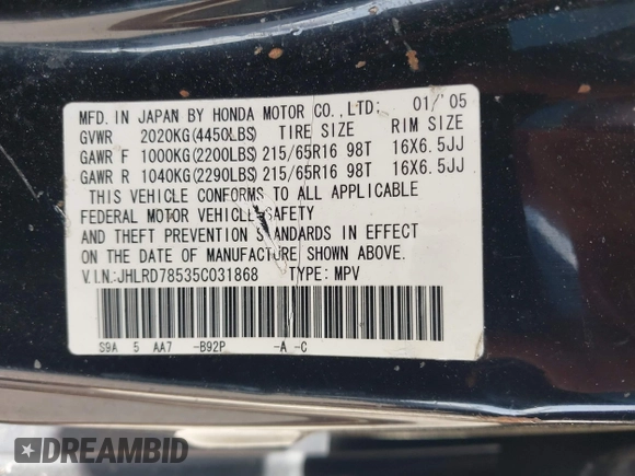 2005 Honda CR-V LX with VIN JHLRD78535C031868, listed as a IAAI auction lot 42002372 with 201,258 mi miles. Bid and sale history available at carsss.com. Image 9.