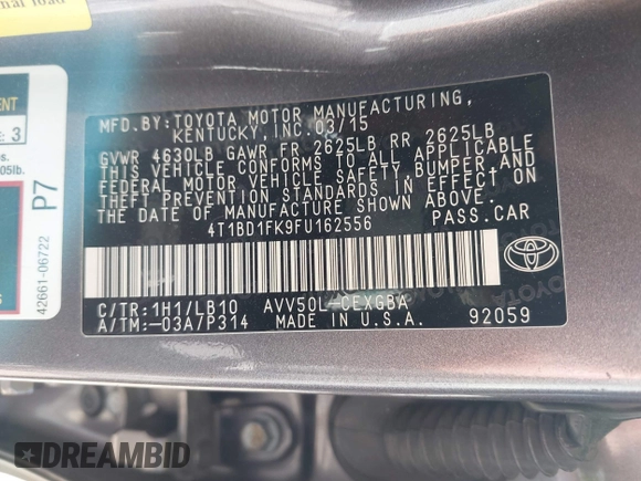 2015 Toyota Camry LE z VIN 4T1BD1FK9FU162556, wystawiony jako IAAI lot #41844806 z przebiegiem 183 263 mil mil oraz . Historia ofert i sprzedaży dostępna na DreamBid. Obrazek 9.