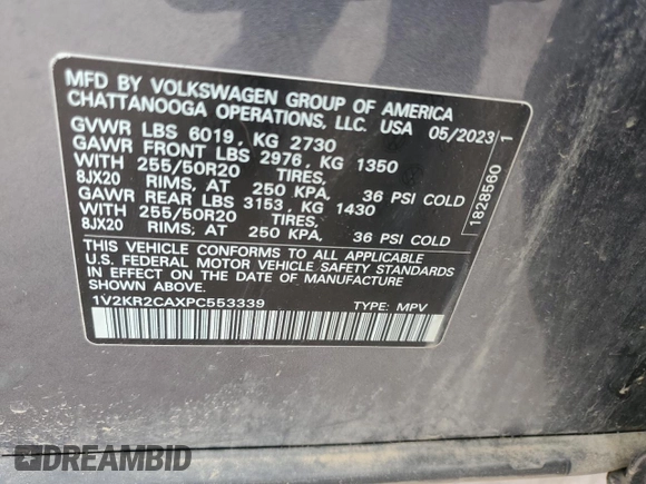 2023 Volkswagen Atlas SE with VIN 1V2KR2CAXPC553339, listed as a Copart auction lot 59667335 with 62,416 mi miles and Salvage title. Bid and sale history available at DreamBid. Image 14.