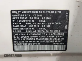 2013 Volkswagen Touareg Lux with VIN WVGEF9BP5DD011511, listed as a IAAI auction lot 41608840 with 167,350 mi miles and . Bid and sale history available at DreamBid. Image 9.