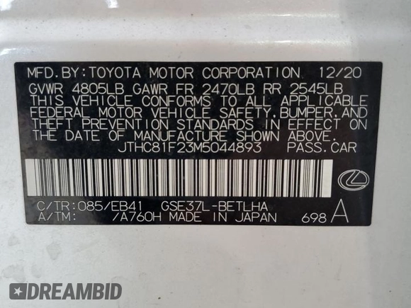 2021 Lexus IS with VIN JTHC81F23M5044893, listed as a Copart auction lot 60648004 with 9,210 mi miles and Non Repairable. Bid and sale history available at carsss.com. Image 13.