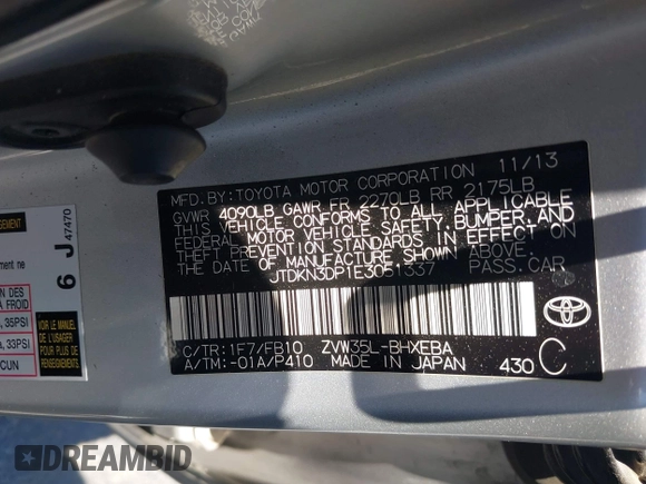 2014 Toyota Prius with VIN JTDKN3DP1E3051337, listed as a IAAI auction lot 42526207 with 306,478 mi miles and . Bid and sale history available at DreamBid. Image 9.