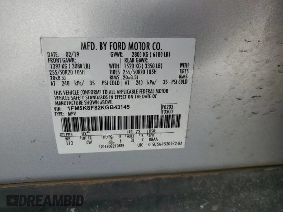2019 Ford Explorer Limited z VIN 1FM5K8F82KGB43145, wystawiony jako Copart lot #57031025 z przebiegiem 76 481 mil mil oraz Szkoda całkowita • Salvage title. Historia ofert i sprzedaży dostępna na DreamBid. Obrazek 13.