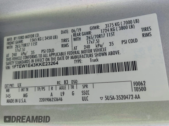 2019 Ford F-150 XL with VIN 1FTEW1E43KKE23264, listed as a IAAI auction lot 41395865 with 106,898 mi miles. Bid and sale history available at carsss.com. Image 9.
