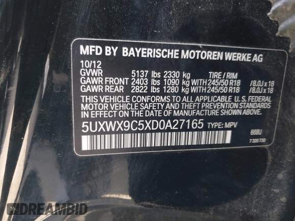 2013 BMW X3 xDrive28i with VIN 5UXWX9C5XD0A27165, listed as a IAAI auction lot 42052413 with 104,926 mi miles and . Bid and sale history available at DreamBid. Image 9.