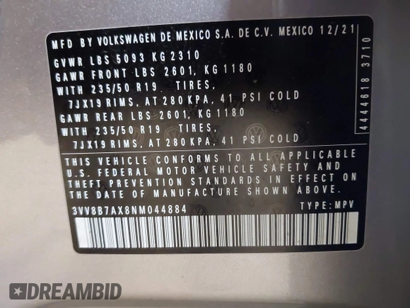 2022 Volkswagen Tiguan SE R-Line Black с VIN 3VV8B7AX8NM044884, выставлен на аукционе IAAI как лот 42331323 с пробегом 45 945 миль миль и . История ставок и продаж доступна на DreamBid. Изображение 9.