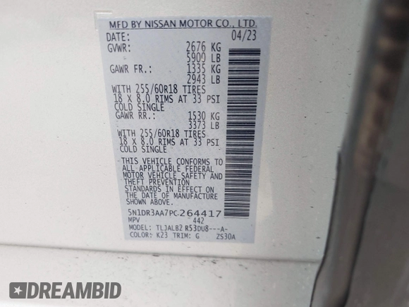 2023 Nissan Pathfinder S with VIN 5N1DR3AA7PC264417, listed as a IAAI auction lot 41892386 with 18,116 mi miles and . Bid and sale history available at DreamBid. Image 9.
