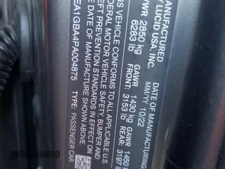 2023 Lucid Air Grand Touring z VIN 50EA1GBA4PA004875, wystawiony jako Copart lot #56100425 z przebiegiem 8176 mil mil oraz Szkody całkowita. Historia ofert i sprzedaży dostępna na DreamBid. Obrazek 12.