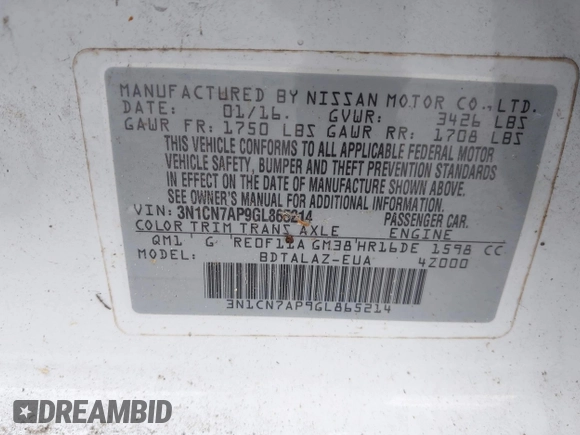 2016 Nissan Versa S with VIN 3N1CN7AP9GL865214, listed as a IAAI auction lot 42632924 with 101,902 mi miles and . Bid and sale history available at DreamBid. Image 9.