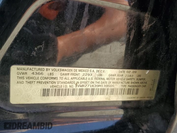 2009 Volkswagen Jetta SE with VIN 3VWRZ71K39M139505, listed as a Copart auction lot 57687645 with 217,149 mi miles and Salvage title. Bid and sale history available at DreamBid. Image 12.