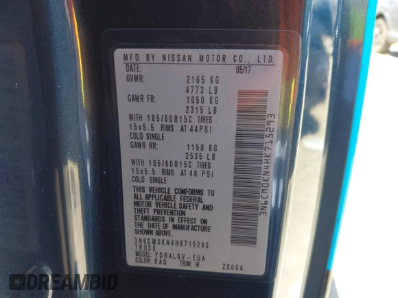 2017 Nissan NV200 S with VIN 3N6CM0KN4HK715293, listed as a IAAI auction lot 42514023 with 180,967 mi miles and . Bid and sale history available at DreamBid. Image 9.