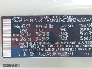 2022 Hyundai Santa Cruz SEL with VIN 5NTJBDAE0NH028571, listed as a IAAI auction lot 41922864 with 39,459 mi miles. Bid and sale history available at carsss.com. Image 9.