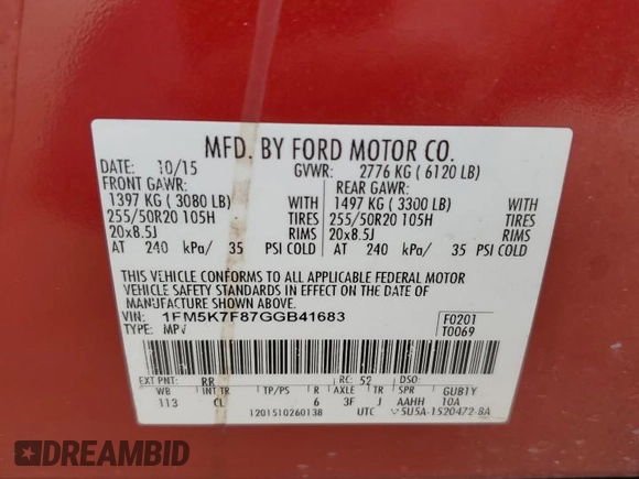 2016 Ford Explorer Limited with VIN 1FM5K7F87GGB41683, listed as a Copart auction lot 52036405 with 95,414 mi miles and Clean Title. Bid and sale history available at DreamBid. Image 13.