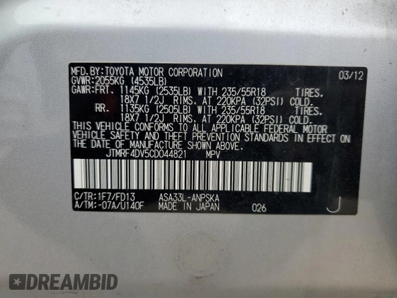 2012 Toyota RAV4 Sport with VIN JTMRF4DV5CD044821, listed as a Copart auction lot 61555935 with 94,301 mi miles and Salvage title. Bid and sale history available at DreamBid. Image 13.