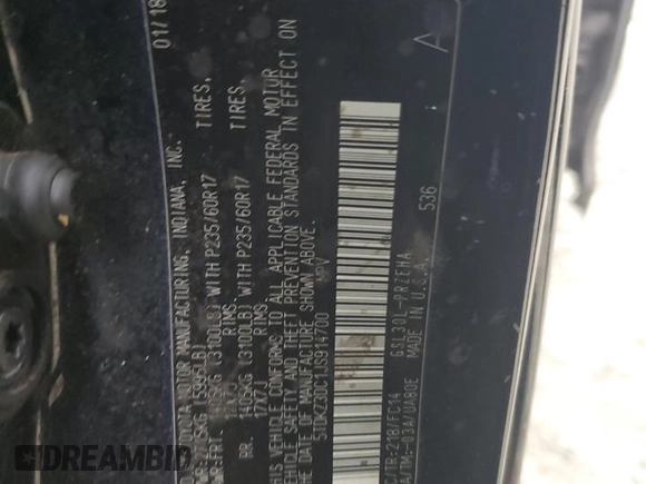 2018 Toyota Sienna LE Auto Access Seat with VIN 5TDKZ3DC1JS914700, listed as a Copart auction lot 85239834 with 107,426 mi miles and Salvage title. Bid and sale history available at DreamBid. Image 13.