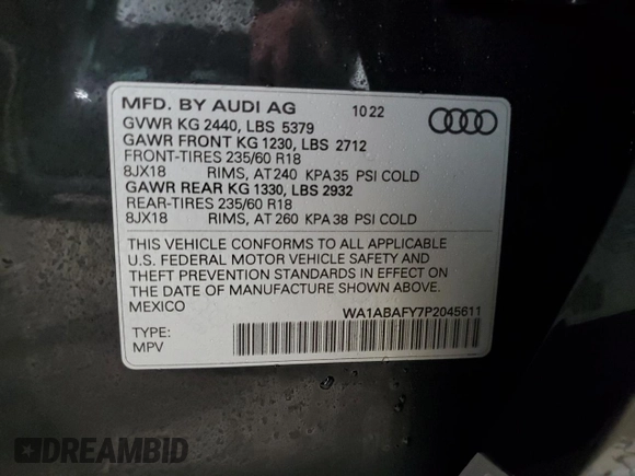 2023 Audi Q5 Premium with VIN WA1ABAFY7P2045611, listed as a Copart auction lot 44169285 with 30,244 mi miles and Salvage Title. Bid and sale history available at carsss.com. Image 13.