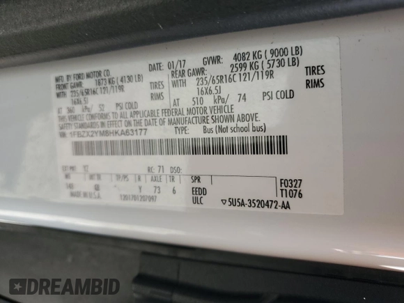 2017 Ford Transit XL with VIN 1FBZX2YM8HKA63177, listed as a Copart auction lot 54858195 with 123,403 mi miles and Salvage Title. Bid and sale history available at DreamBid. Image 13.