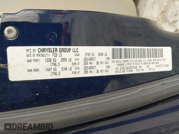 2013 Chrysler Town & Country Touring with VIN 2C4RC1BG4DR707032, listed as a IAAI auction lot 42008357 with 183,104 mi miles and . Bid and sale history available at DreamBid. Image 9.