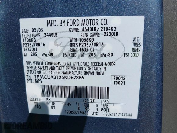 2005 Ford Escape XLT z VIN 1FMCU931X5KD62886, wystawiony jako IAAI lot #42564007 z przebiegiem 134 080 mil mil oraz . Historia ofert i sprzedaży dostępna na DreamBid. Obrazek 9.