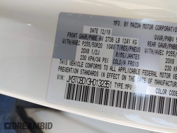 2017 Mazda CX-9 Grand Touring with VIN JM3TCBDY3H0132351, listed as a IAAI auction lot 42346910 with 124,990 mi miles and . Bid and sale history available at DreamBid. Image 9.