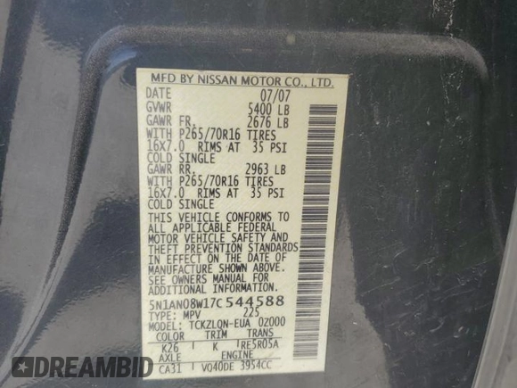 2007 Nissan Xterra SE with VIN 5N1AN08W17C544588, listed as a Copart auction lot 46163465 with 187,732 mi miles and Salvage Title. Bid and sale history available at carsss.com. Image 13.
