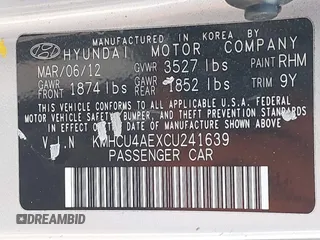 2012 Hyundai Accent GLS with VIN KMHCU4AEXCU241639, listed as a IAAI auction lot 42327411 with 108,939 mi miles and . Bid and sale history available at DreamBid. Image 9.