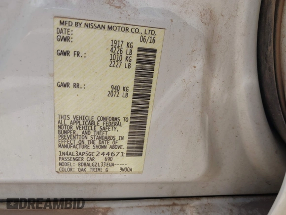 2016 Nissan Altima SR with VIN 1N4AL3AP5GC244671, listed as a IAAI auction lot 42344890 with 152,238 mi miles and . Bid and sale history available at DreamBid. Image 9.