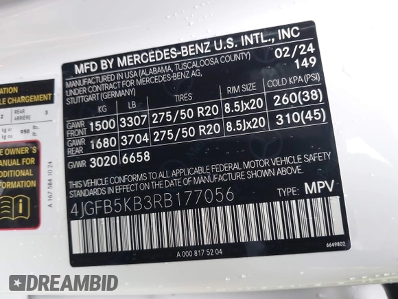 2024 Mercedes-Benz GLE 450 with VIN 4JGFB5KB3RB177056, listed as a IAAI auction lot 41242732 with 2,030 mi miles and . Bid and sale history available at DreamBid. Image 9.