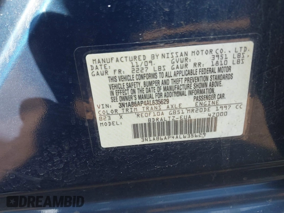 2010 Nissan Sentra SR with VIN 3N1AB6AP4AL635629, listed as a IAAI auction lot 41800835 with 163,515 mi miles and . Bid and sale history available at DreamBid. Image 9.