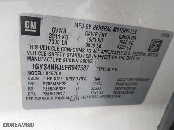 2015 Cadillac Escalade Premium with VIN 1GYS4NKJ9FR547587, listed as a IAAI auction lot 41556378 with 155,038 mi miles. Bid and sale history available at carsss.com. Image 9.
