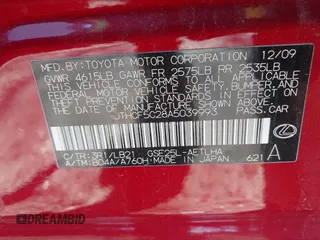2010 Lexus IS 250 with VIN JTHCF5C28A5039993, listed as a IAAI auction lot 41833214 with 70,415 mi miles and . Bid and sale history available at DreamBid. Image 9.