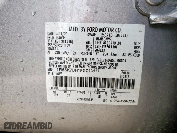 2023 Ford Explorer XLT с VIN 1FMSK7DH1PGC13127, выставлен на аукционе Copart как лот 55256045 с пробегом 23 213 миль миль и Чистый • Clean title. История ставок и продаж доступна на DreamBid. Изображение 14.