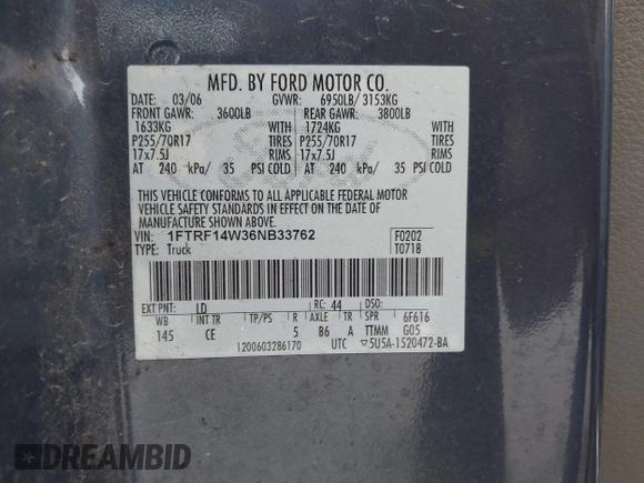 2006 Ford F-150 XL with VIN 1FTRF14W36NB33762, listed as a IAAI auction lot 41845804 with 126,369 mi miles. Bid and sale history available at carsss.com. Image 9.