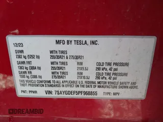 2023 Tesla Model Y Performance with VIN 7SAYGDEF5PF968855, listed as a IAAI auction lot 41499334 with 37,032 mi miles and . Bid and sale history available at DreamBid. Image 9.