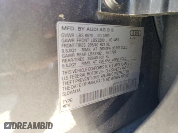 2017 Audi Q7 Prestige z VIN WA1VAAF73HD002966, wystawiony jako Copart lot #39531823 z przebiegiem 115 000 mil mil oraz Nie do naprawy • Non repairable. Historia ofert i sprzedaży dostępna na DreamBid. Obrazek 13.