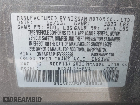 2015 Nissan Sentra S with VIN 3N1AB7AP1FY383368, listed as a IAAI auction lot 42035363 with 192,024 mi miles and . Bid and sale history available at DreamBid. Image 9.