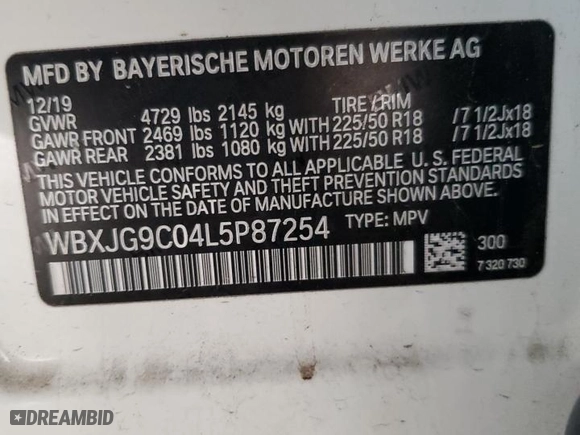 2020 BMW X1 xDrive28i with VIN WBXJG9C04L5P87254, listed as a Copart auction lot 50729495 with 97,133 mi miles and Salvage Title. Bid and sale history available at carsss.com. Image 12.