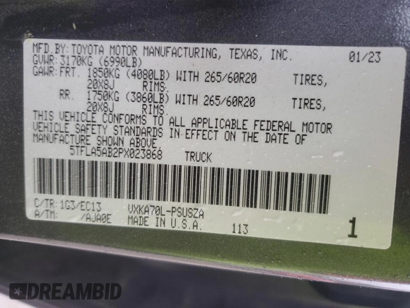 2023 Toyota Tundra 2WD SR5 with VIN 5TFLA5AB2PX023868, listed as a Copart auction lot 52009915 with 18,106 mi miles and Non Repairable. Bid and sale history available at carsss.com. Image 13.