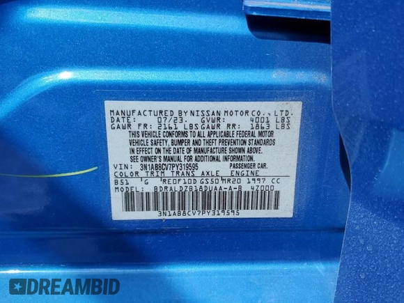 2023 Nissan Sentra SV z VIN 3N1AB8CV7PY319595, wystawiony jako Copart lot #56161865 z przebiegiem 19 755 mil mil oraz Szkoda całkowita • Salvage title. Historia ofert i sprzedaży dostępna na DreamBid. Obrazek 12.