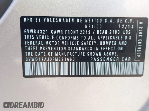 2015 Volkswagen Jetta Sport with VIN 3VWD17AJ0FM271660, listed as a IAAI auction lot 42527496 with 115,008 mi miles and . Bid and sale history available at DreamBid. Image 9.